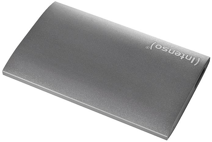 Šedý externí pevný disk s nápisem 'Intenso' na horní straně.