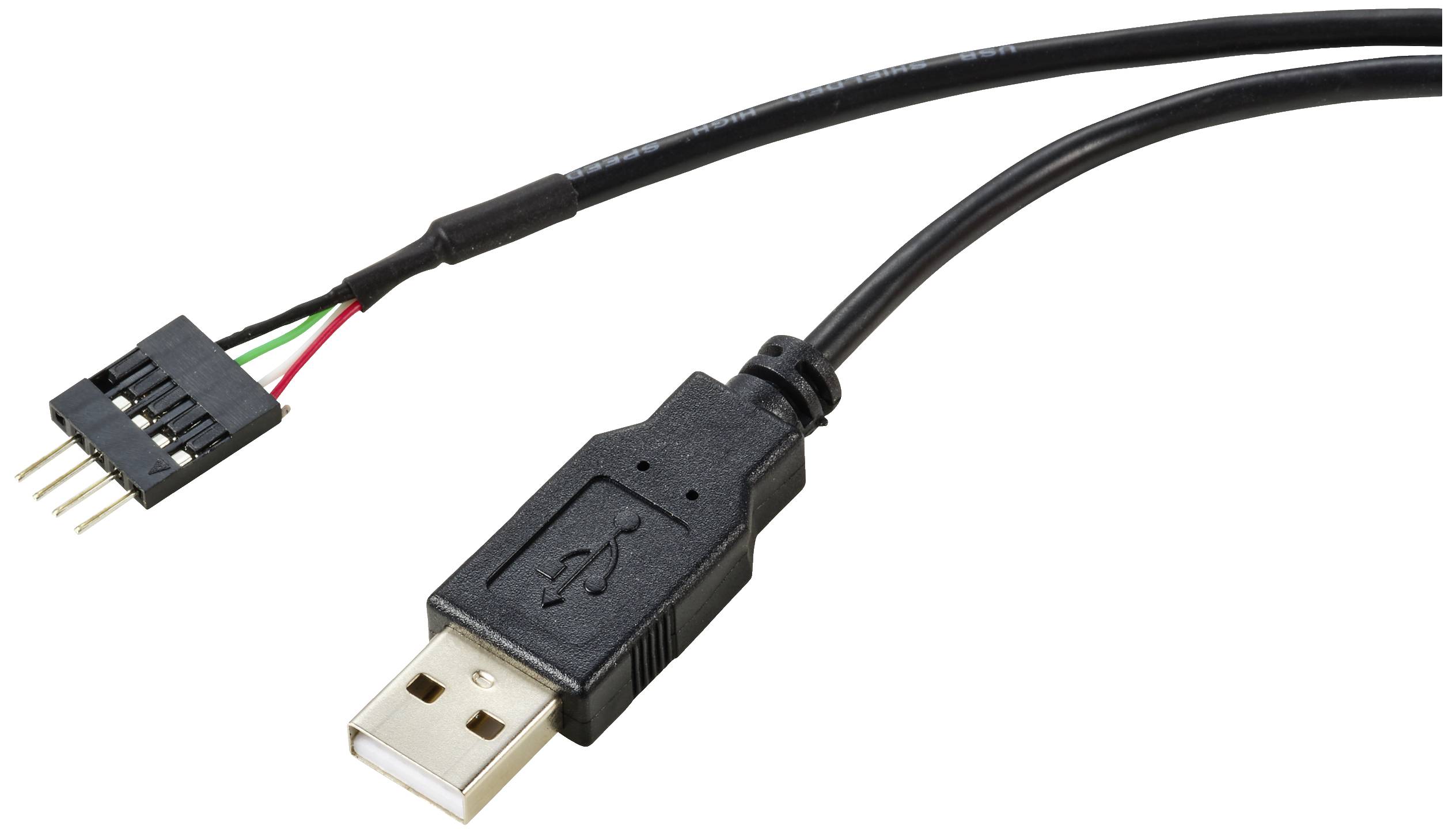 USB kabel se zástrčkou a odhalenými vodiči, vhodný pro připojení k základním deskám nebo elektronickým zařízením.