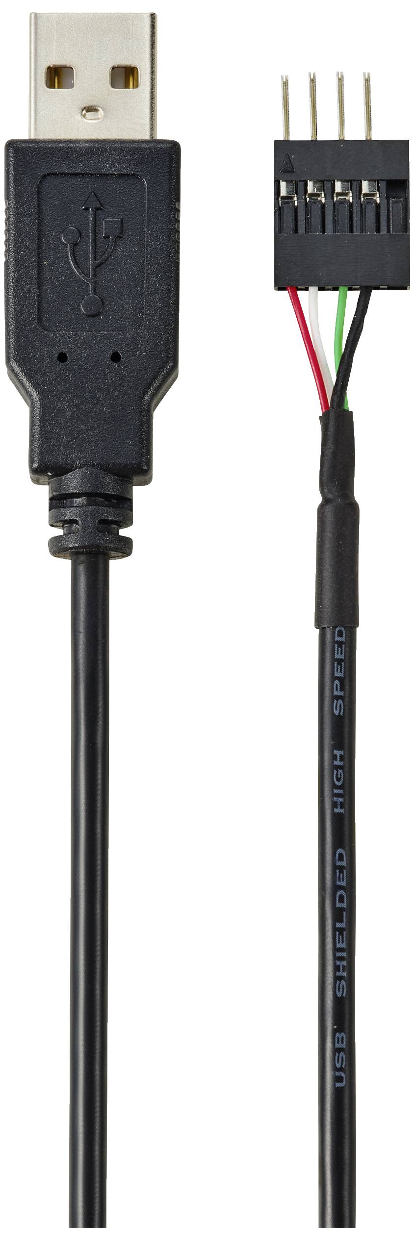 Černý USB kabel se standardní USB zástrčkou nalevo a otevřeným koncem se čtyřmi barevnými vodiči napravo.