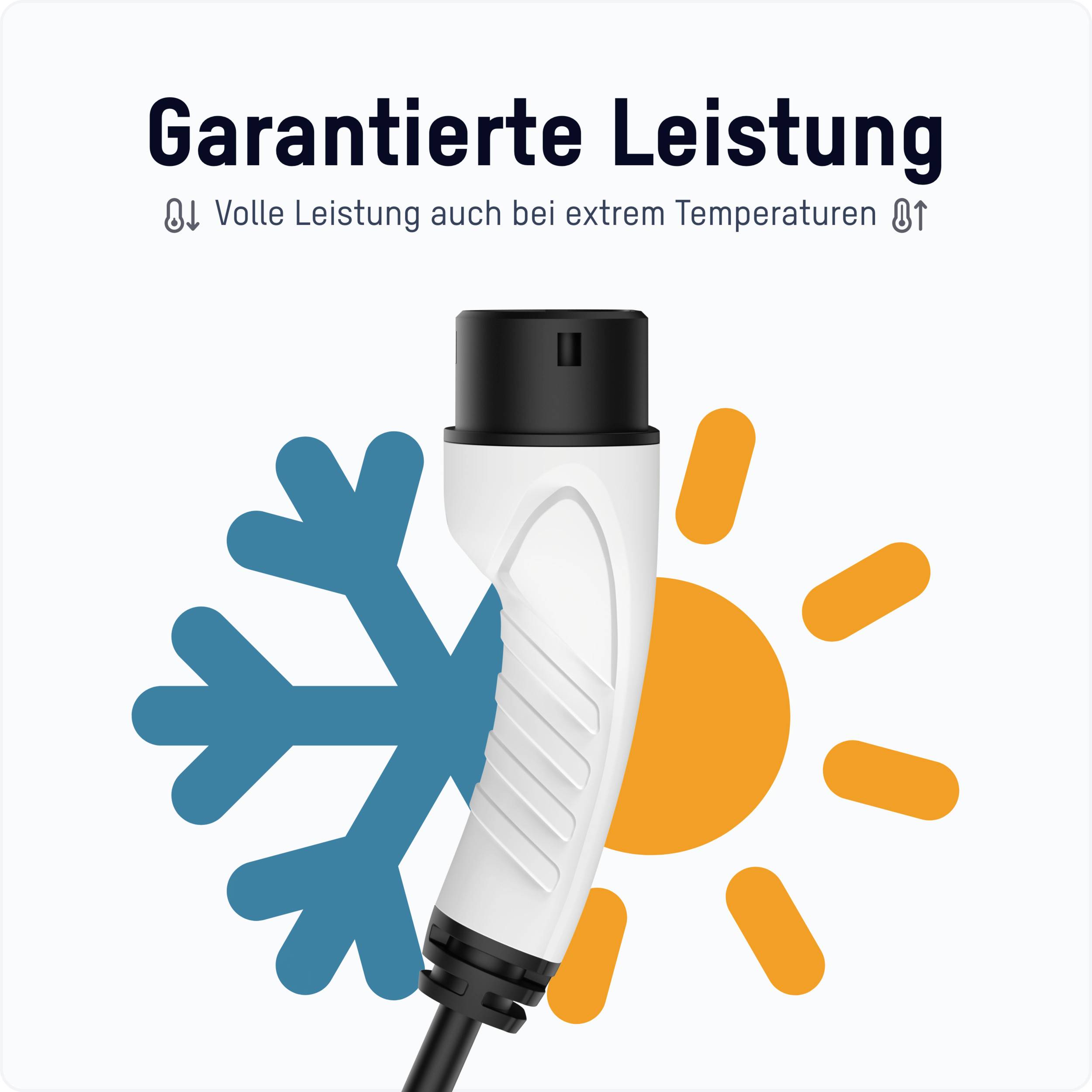 Nabíjecí kabel s textem 'Garantovaný výkon'. Symbol teploty: Sněhová vločka a slunce. Znamená funkčnost za extrémních teplot.