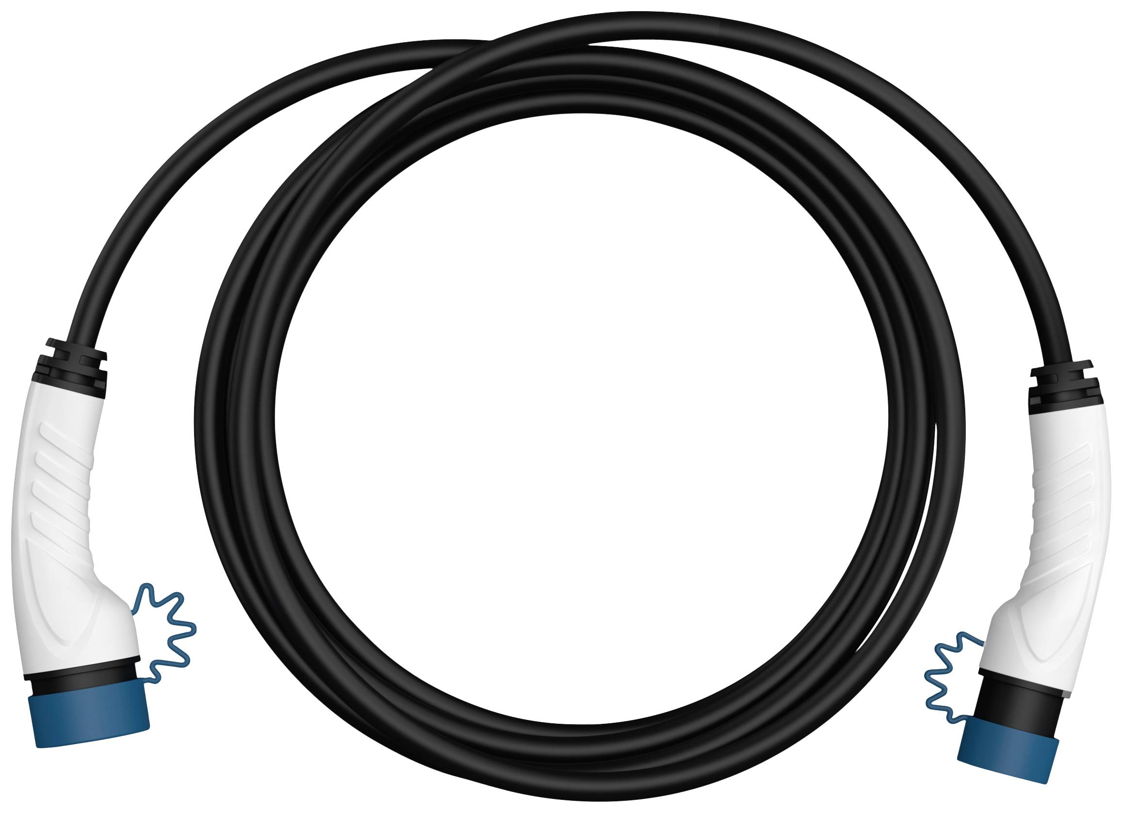 Černý kabel s bílými konektory na obou koncích je zobrazen ve tvaru kruhu. Konektory mají modré detaily.