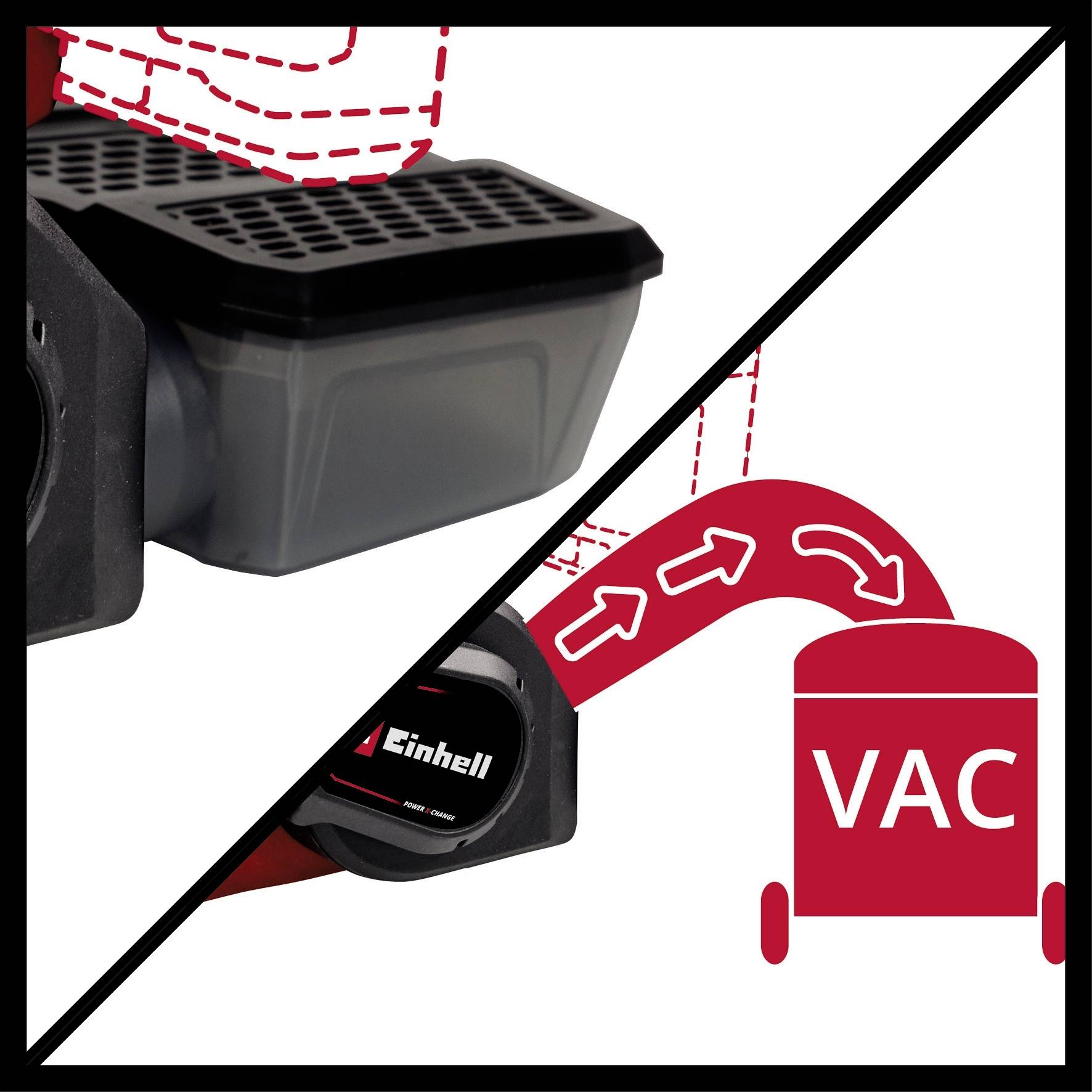 Obrázek ukazuje Einhell Power X-Change Box a vysavač se šipkami znázorňujícími proudění vzduchu z boxu do vysavače.
