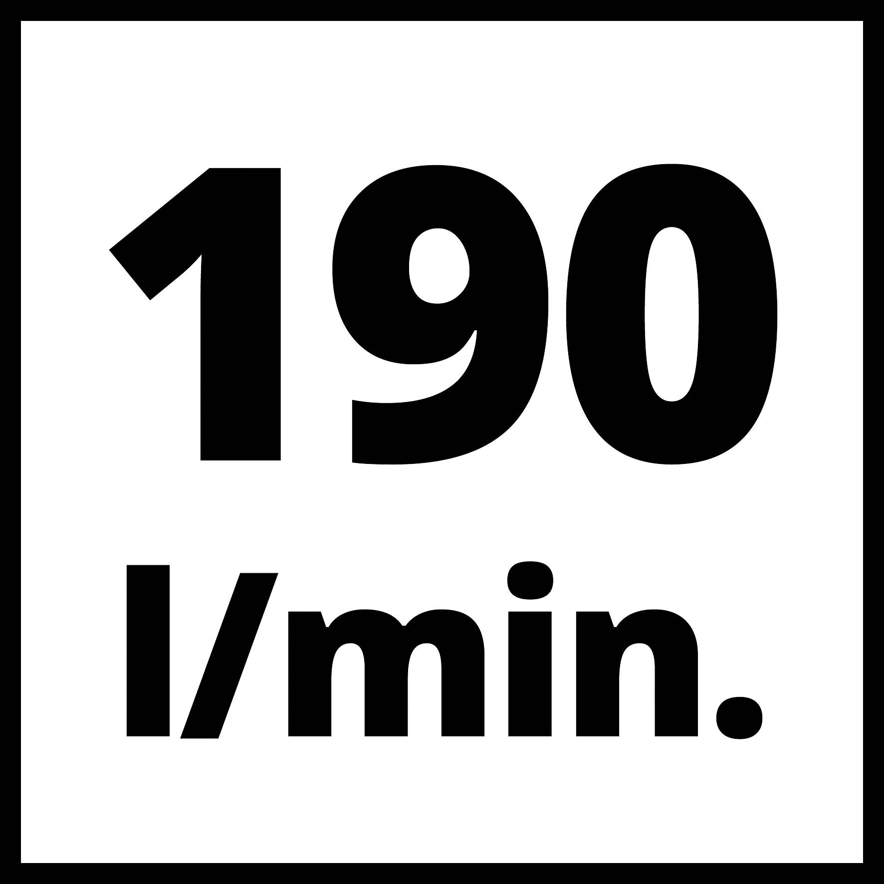 '190 l/min.' černým písmem na bílém pozadí signalizuje průtok 190 litrů za minutu.