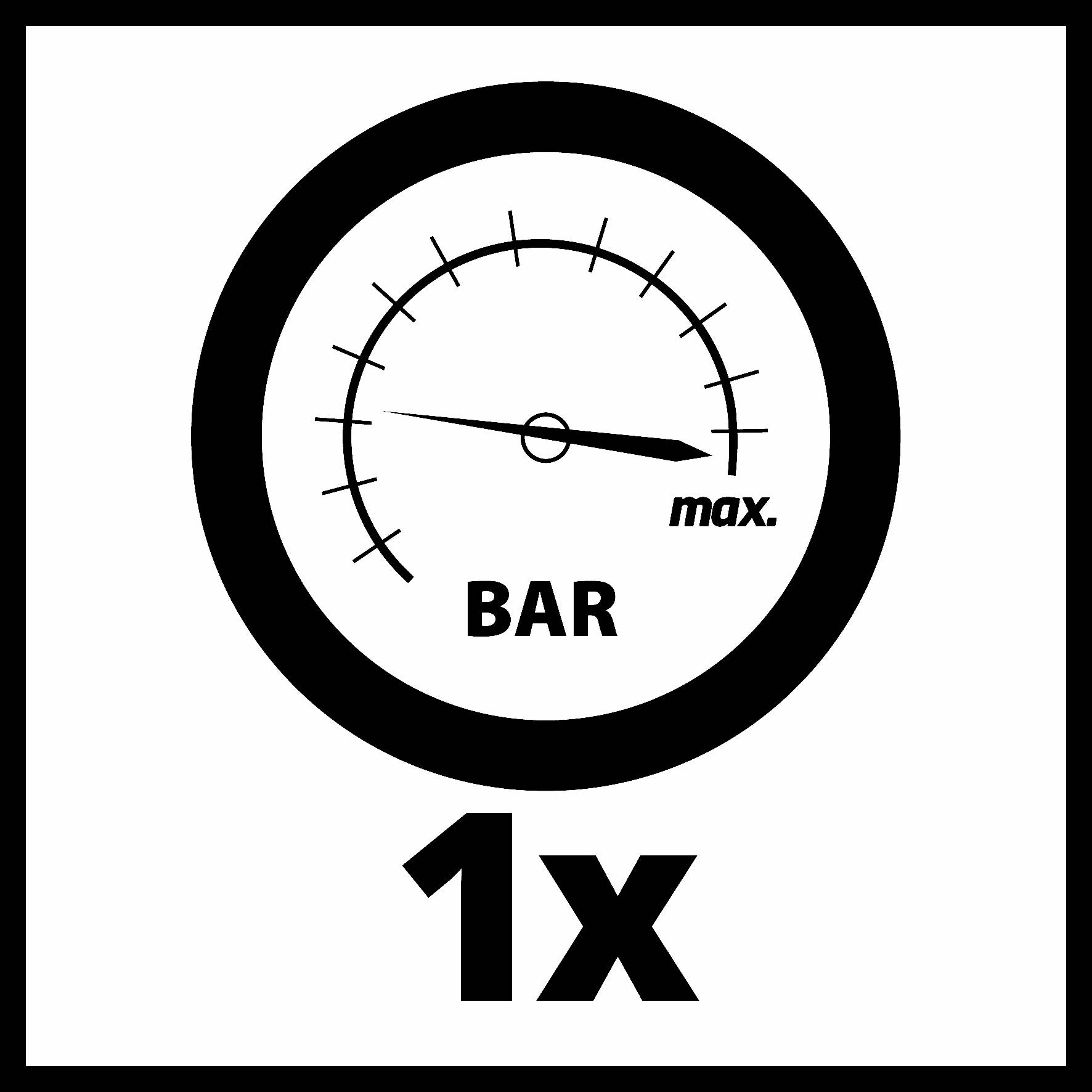 Ukazuje tlakoměr s označením 'BAR' a ručkou na maximu. Pod ním je napsáno '1x'.