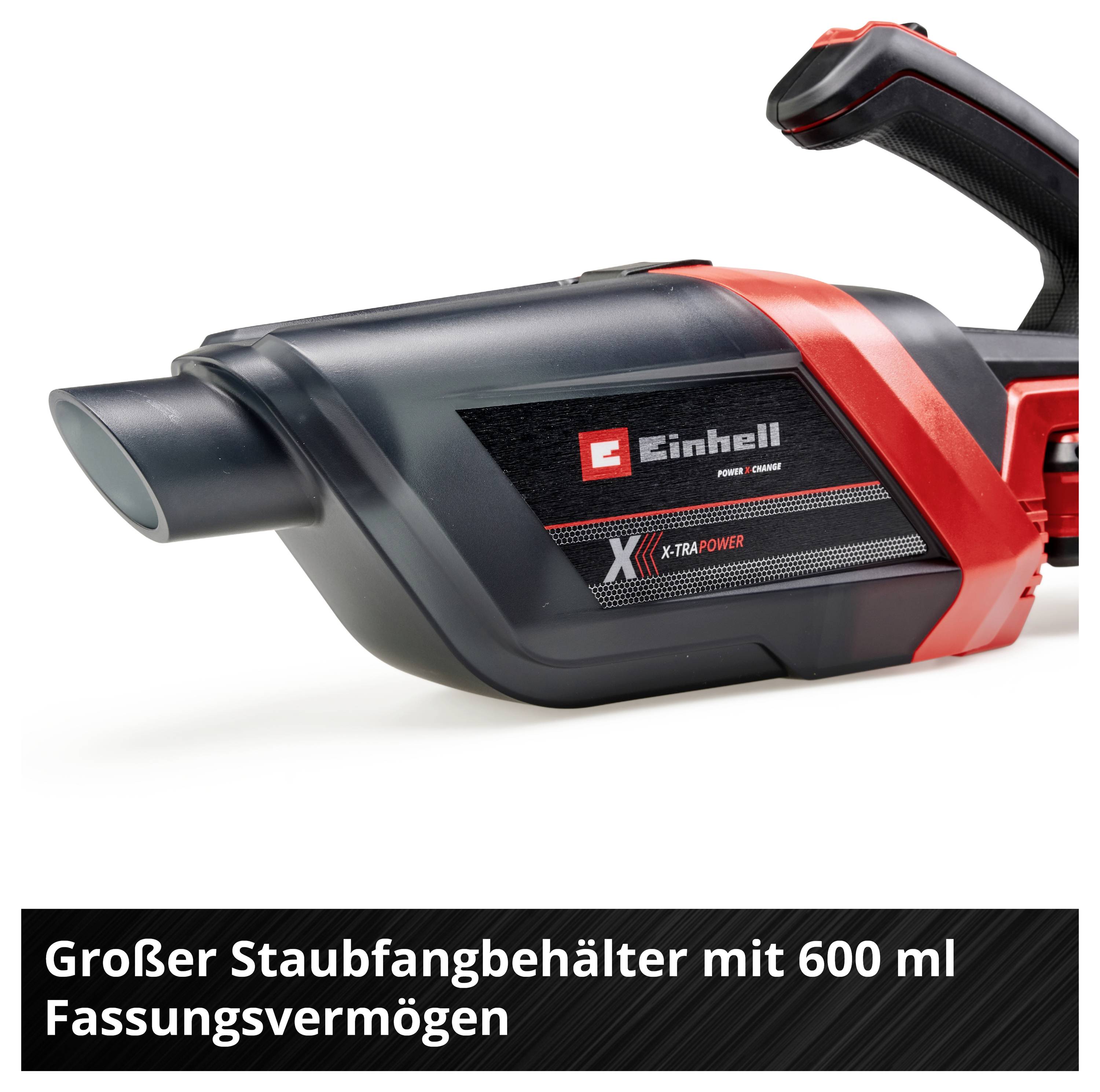 Praktický akumulátorový vysavač/foukač na listí od společnosti Einhell s velkým sběrným kontejnerem na prach o objemu 600 ml a přenosným madlem.