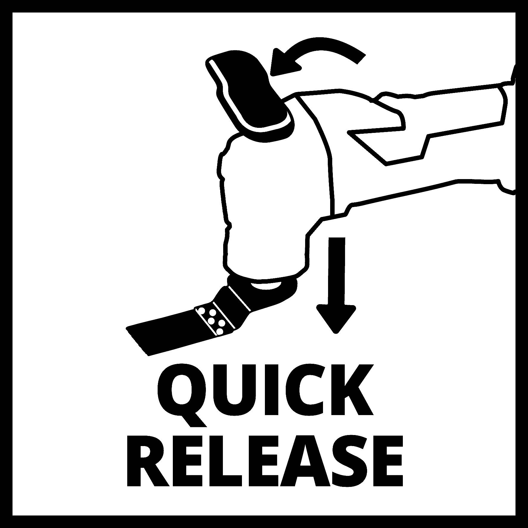 Znak 'Quick Release' s rukou tlačící páku dolů pro aktivaci rychloupínacího mechanismu.