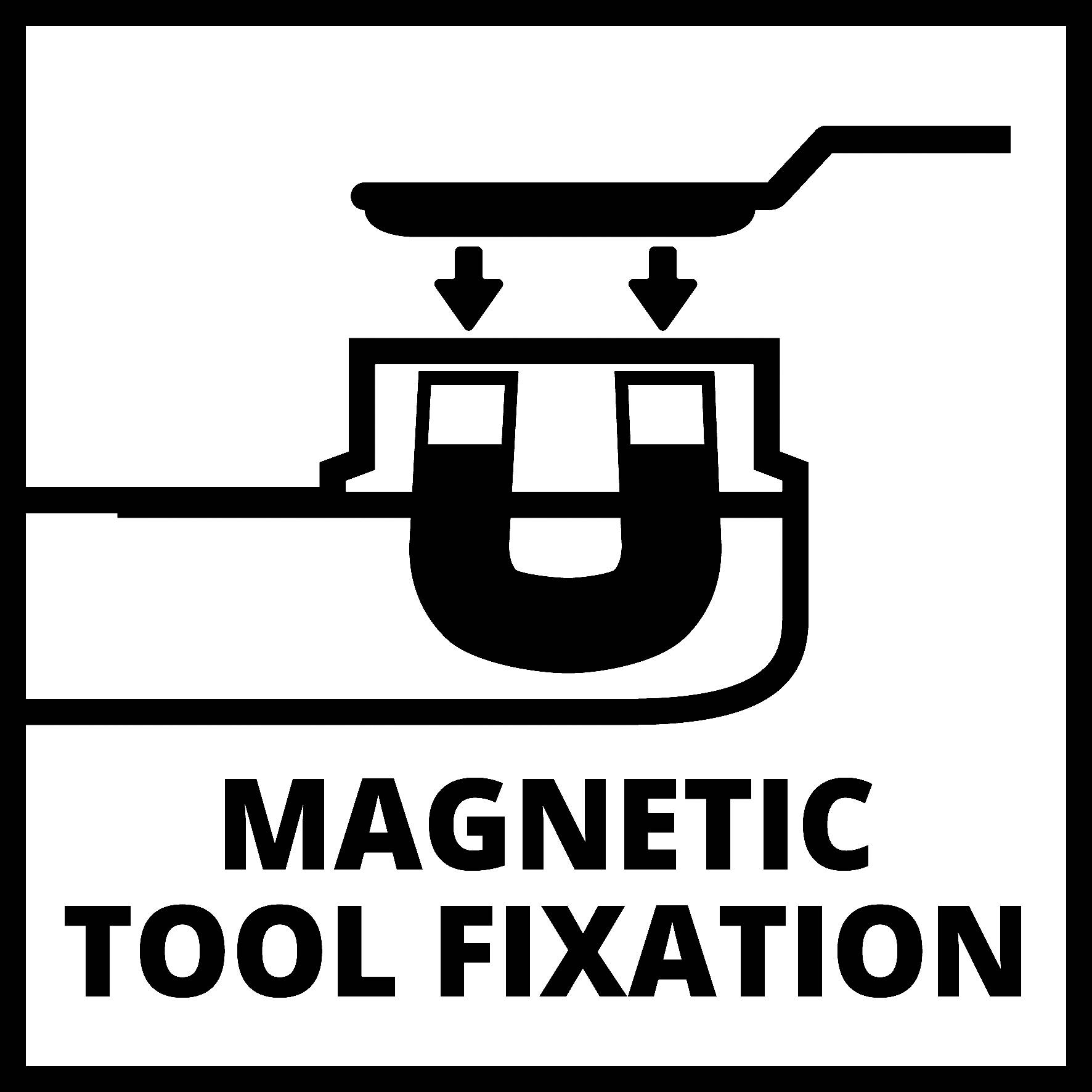 Symbol 'Magnetické upevnění nástroje' s magnetem a šipkami ukazujícími na fixační místo, který znázorňuje magnetické upevnění nástrojů.