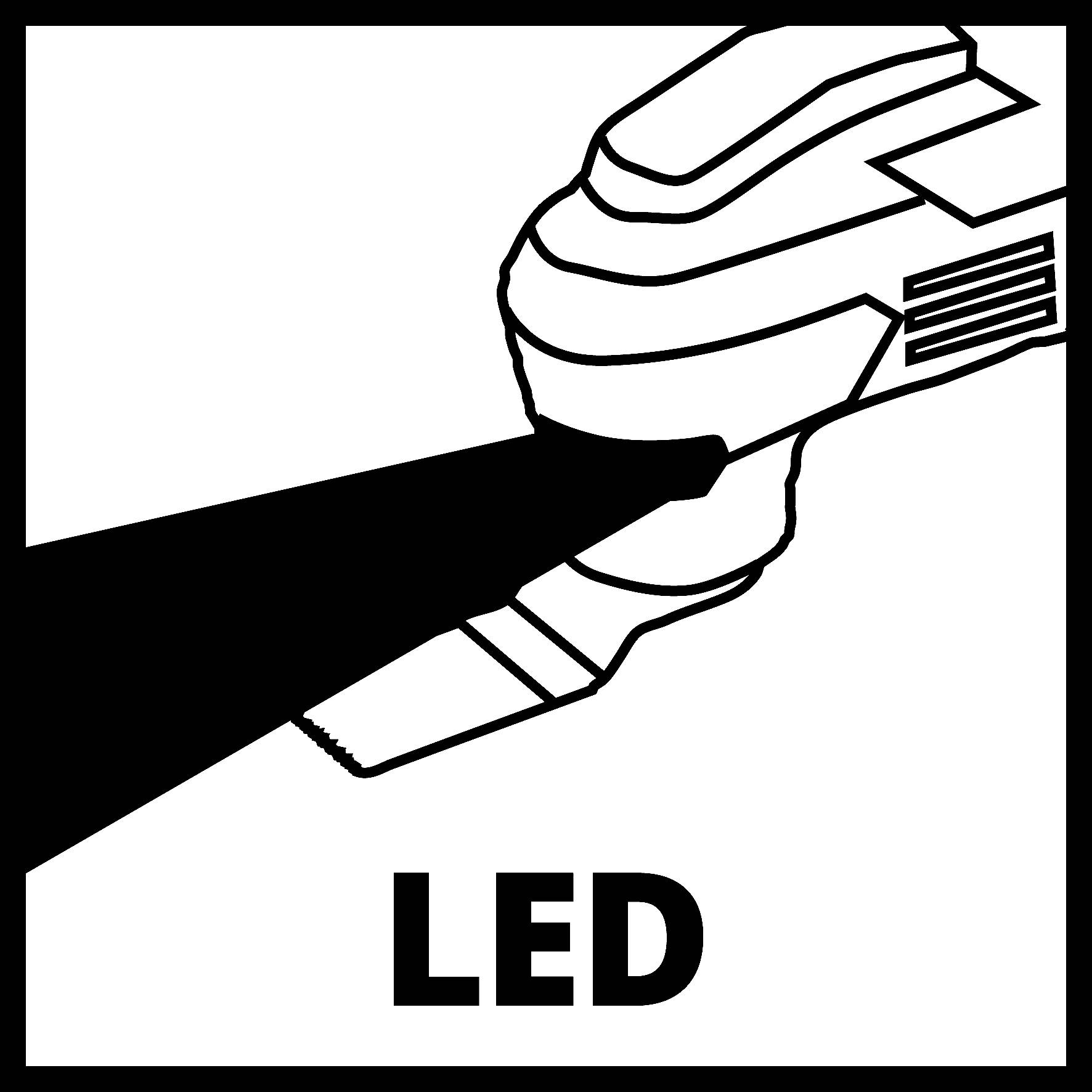 Symbol LED reflektoru vyzařujícího světlo s nápisem 'LED' pod ním.