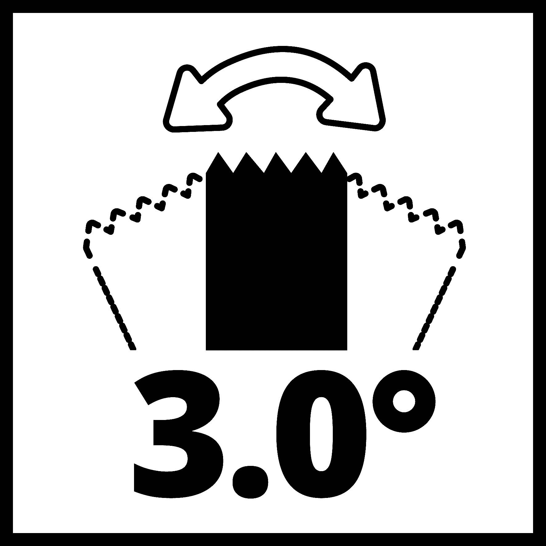 Symbol s ozubeným objektem, šipkou a úhlem 3,0°.