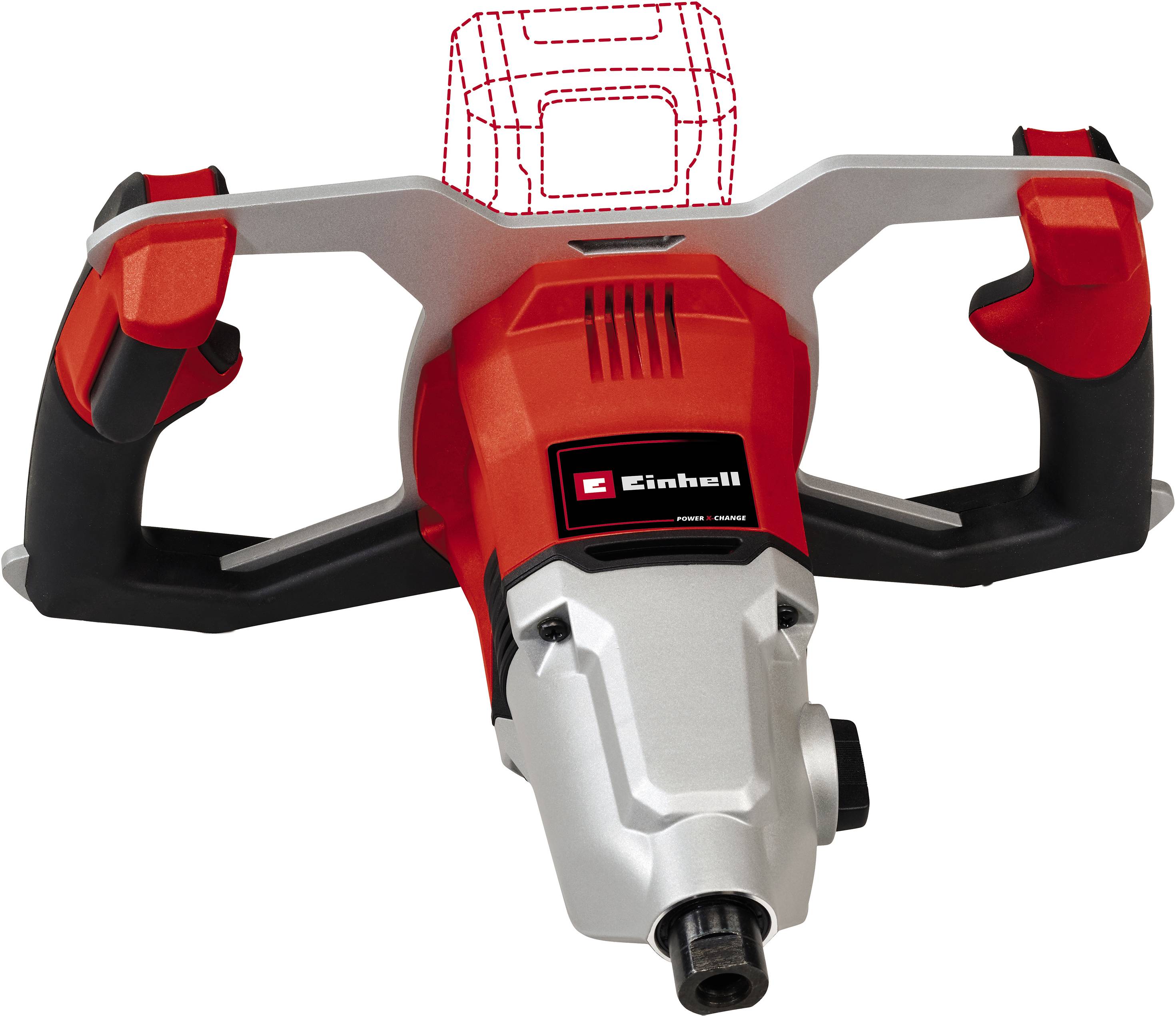 Červené elektrické míchadlo značky Einhell se dvěma rukojeti a robustním tělem. Ideální pro míchání malířských barev a stavebních materiálů.