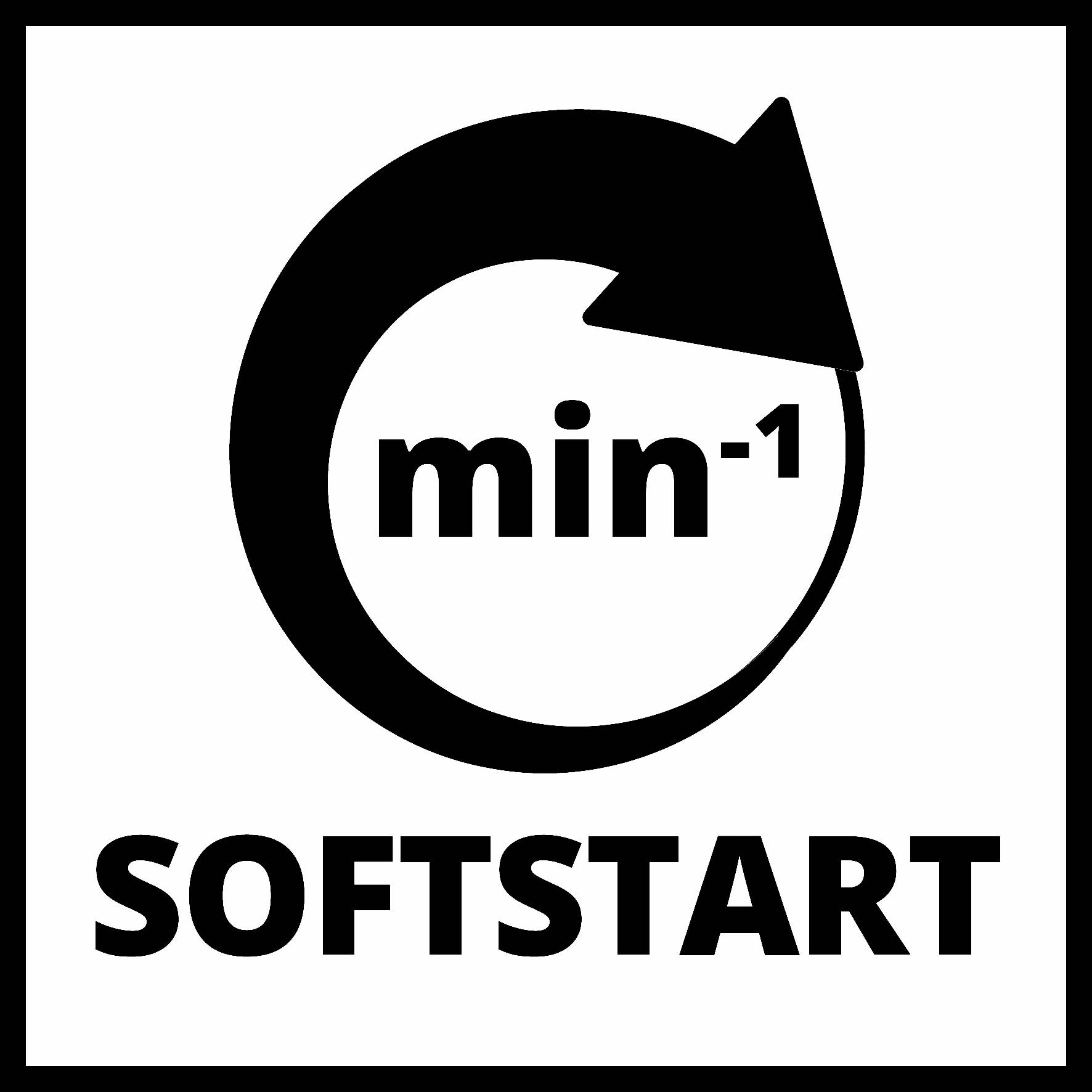 Černý kruh s šipkou otáčející se doprava obsahuje nápis 'min⁻¹'. Pod ním je napsáno 'SOFTSTART'. Symbolizuje měkký rozběh.