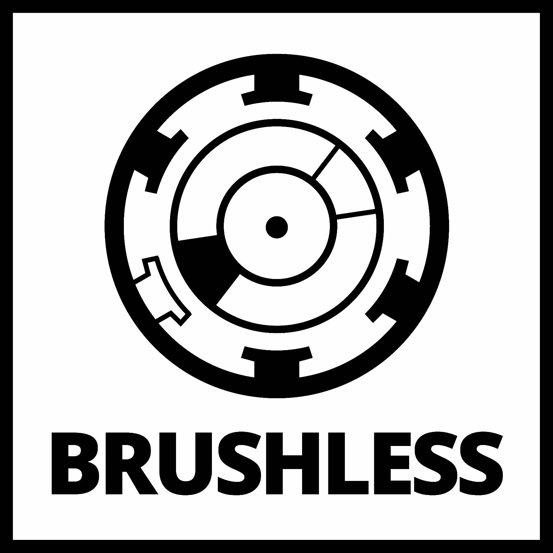 Piktogram elektromotoru s textem 'Brushless', černý obrys na bílém pozadí, symbolizuje bezkartáčový motor.