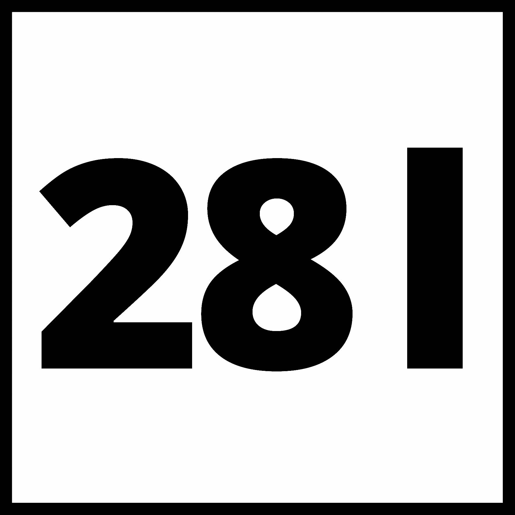 "281" černým písmem na bílém pozadí, obklopeno černobílým rámečkem.