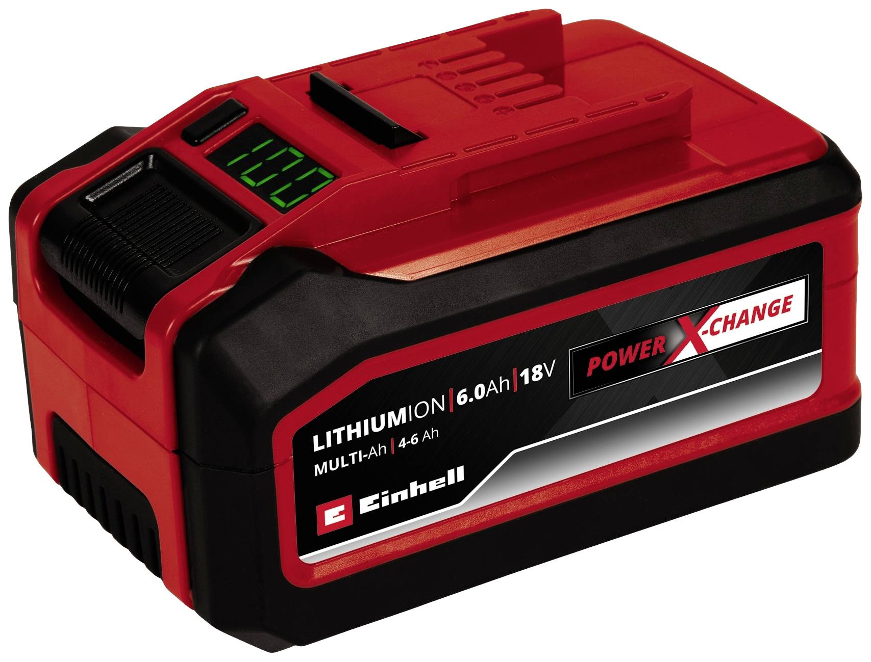 Červená lithium-iontová baterie Einhell s 6,0 Ah a 18 V, součást systému Power X-Change. Vlevo digitální ukazatel stavu nabití.