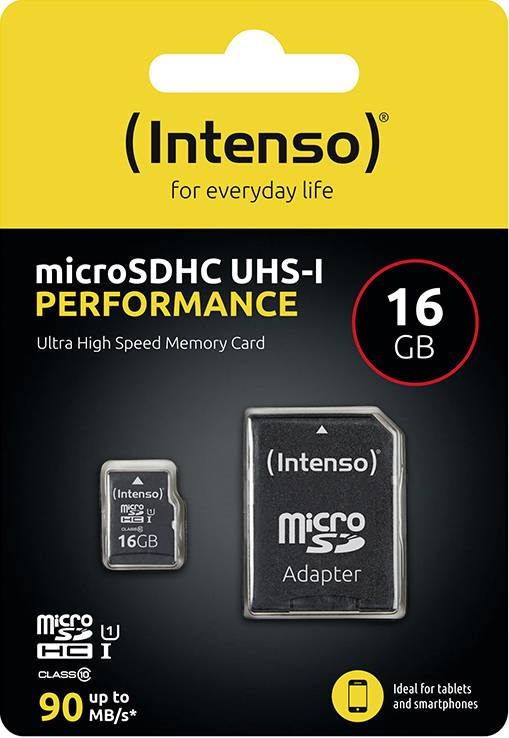 Karta Intenso microSDHC UHS-I PERFORMANCE, 16 GB, rychlost až 90 MB/s. Vhodná pro tablety a smartphony.
