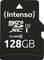Černá microSD karta s bílým nápisem: 'Intenso 128GB, MicroSDXC, Class 10 U1'.