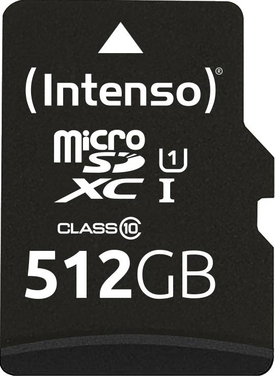 Mikro SD karta od Intenso s kapacitou 512 GB, třída 10, UHS rychlostní třída 1, vhodná pro rychlý přenos dat.