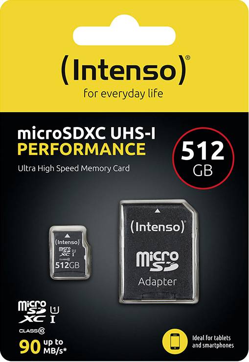 Paměťová karta Intenso microSDXC UHS-I Performance, 512 GB s adaptérem, až do 90 MB/s, vhodná pro tablety a smartphony.