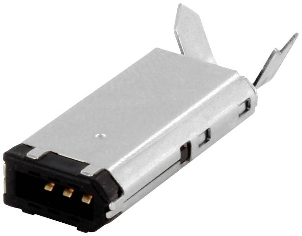 Konektor pro elektronická zařízení se třemi měděnými kolíky a kovovým pouzdrem. Používán pro spolehlivá připojení v elektrických obvodech.