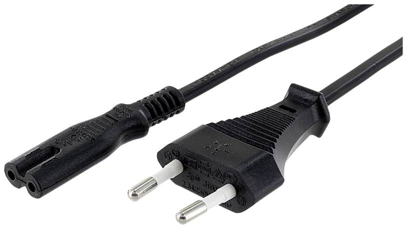 Černý síťový kabel s eurovidlicí a dvoupólovým zásuvkovým připojením.