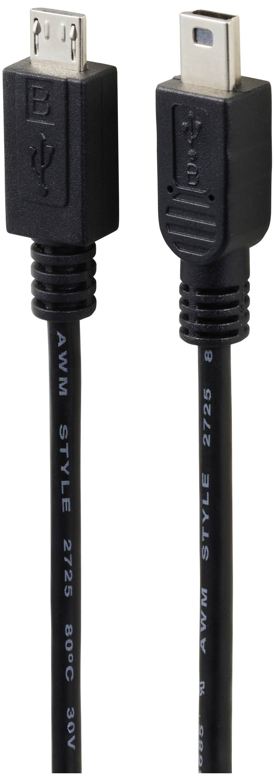 Černý USB kabel s dvěma různými typy konektorů na každém konci.