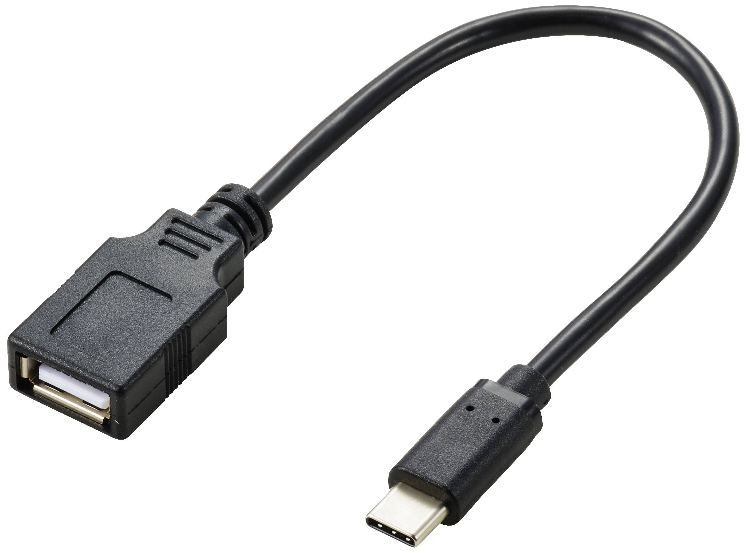 Černý adaptérový kabel s konektorem USB-C na jedné straně a zásuvkou USB-A na straně druhé.