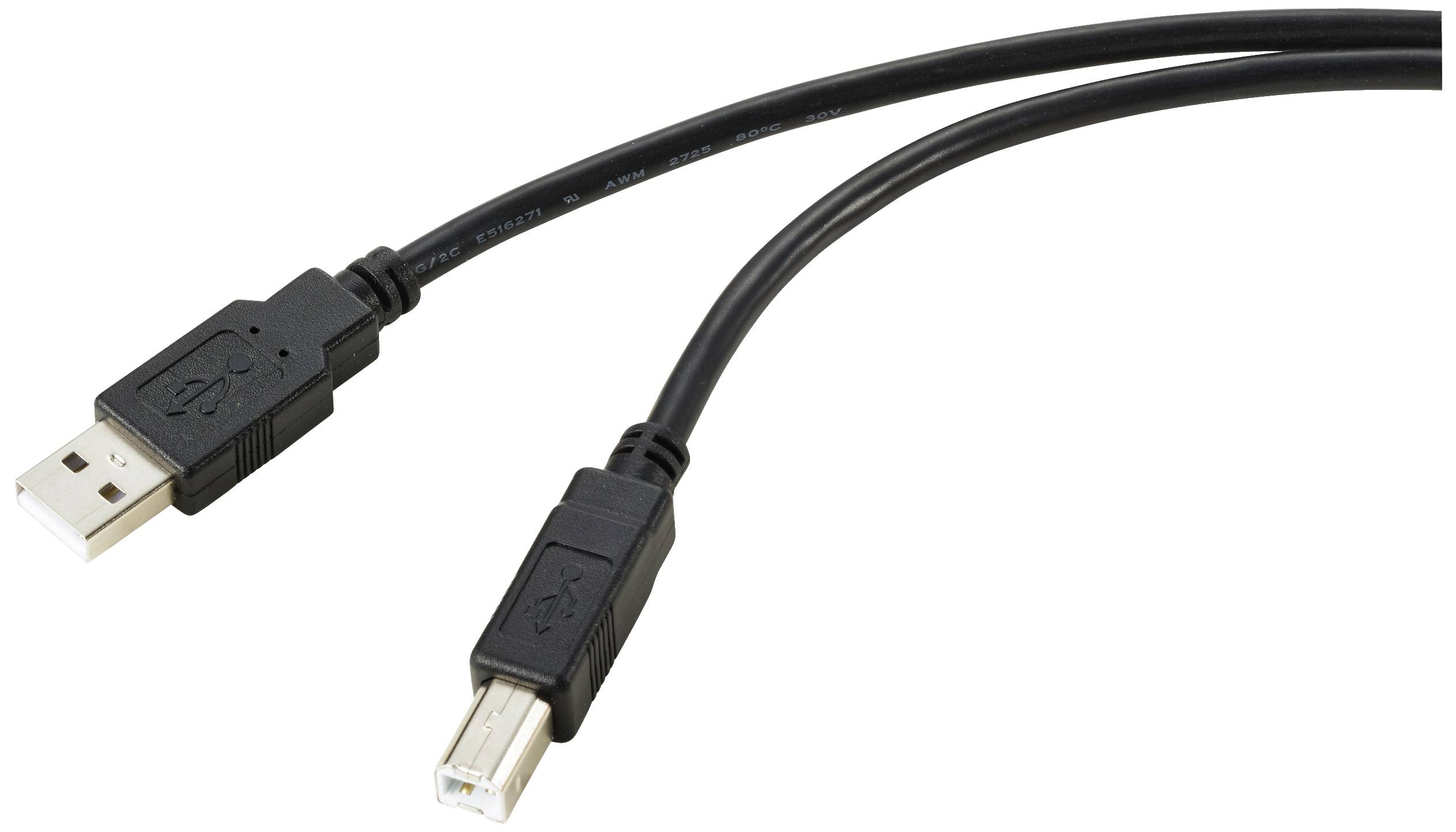 USB kabel se dvěma konektory: USB-A konektor na levé straně a čtvercový USB-B konektor na straně pravé.
