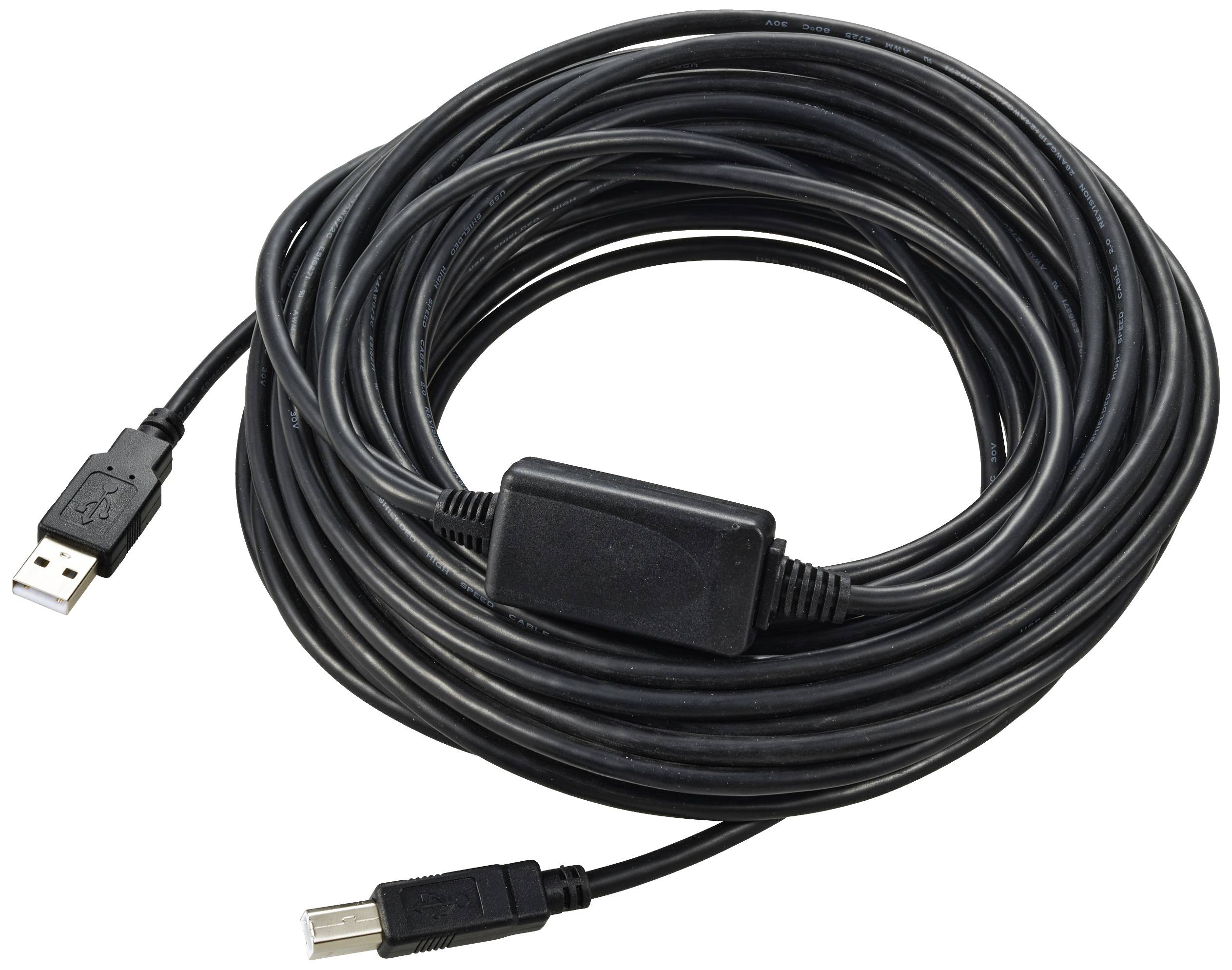 Dlouhý černý USB kabel se zástrčkami na obou koncích, svinutý a připravený k použití pro přenos dat nebo napájení.
