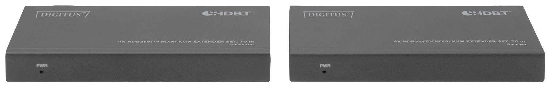 Dva černé elektronické přístroje vedle sebe, každý s logem 'DIGITUS'. Jsou vhodné pro rozšíření HDMI signálu.