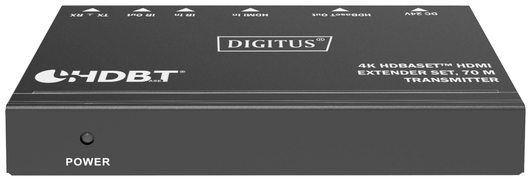 Sada HDBaseT 4K HDMI Extender od společnosti Digitus. Černá skříňka s HDMI konektory, vyvinutá pro přenos videosignálů až na vzdálenost 70 metrů.