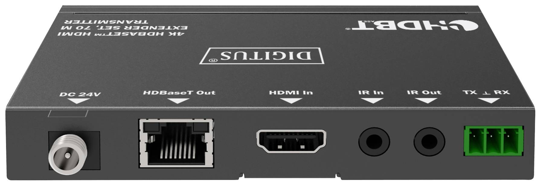 Černý HDMI transmiter s několika porty: DC 24V, Ethernet, HDMI vstup, IR vstup/výstup, TX/RX. Značka: DIGITUS.