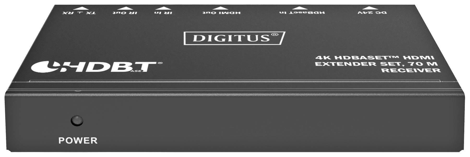 HDBaseT přijímač 'DIGITUS', černý, s logem HDMI a nápisem 4K HDBaseT HDMI 70M extender set. Přední strana: tlačítko napájení.