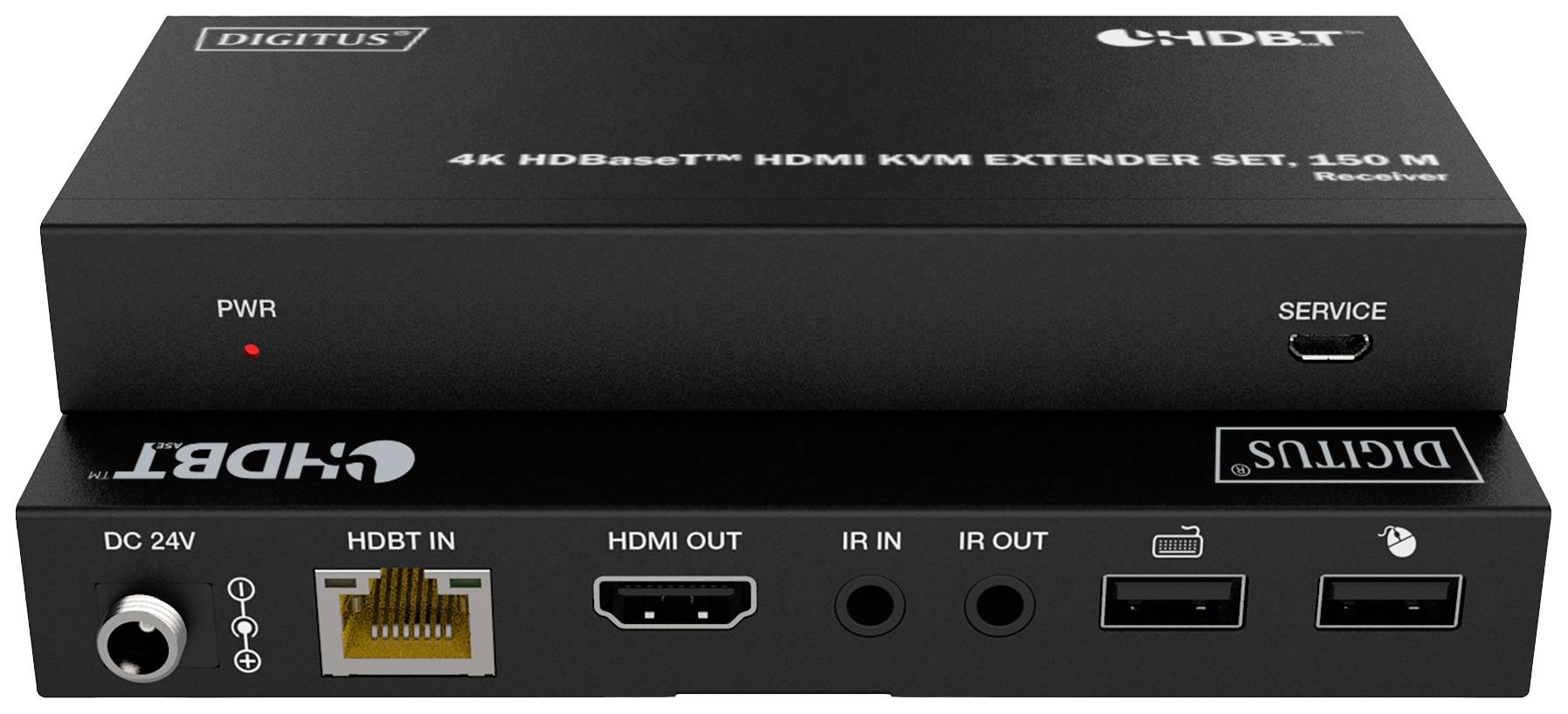 4K HDBaseT HDMI KVM extender s konektory na přední straně: HDMI, IR, USB, síťový kabel a napájení.