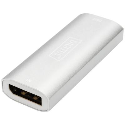 Stříbrný HDMI adaptér s jednou zásuvkou 'IN' a jednou zásuvkou 'OUT', pravděpodobně určený pro přenos videa.