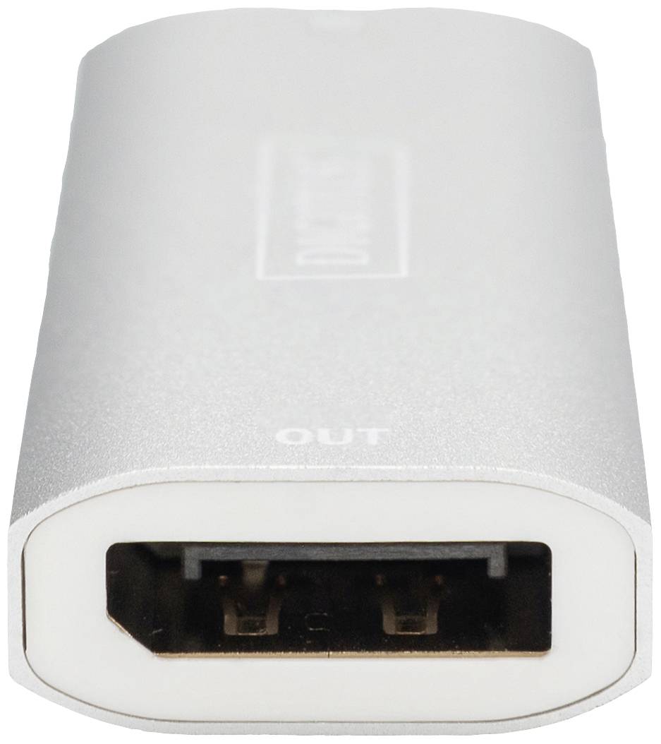 Stříbrný HDMI adaptér s jedním HDMI portem na straně a nápisem "OUT".