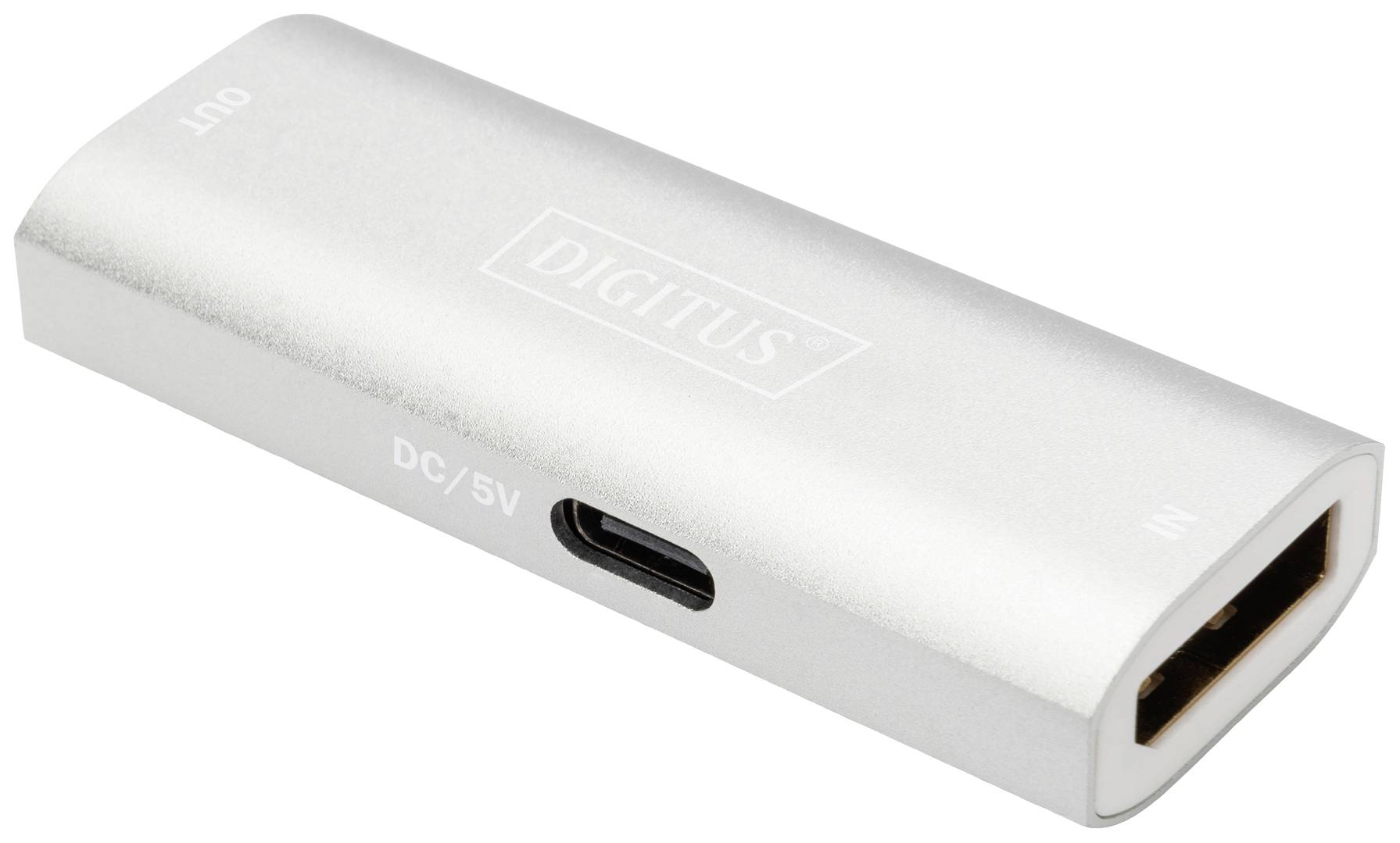 Stříbrný HDMI konvertor od Digutusu s USB-C portem pro napájení. Vlevo označený jako 'OUT' a vpravo jako 'IN'.