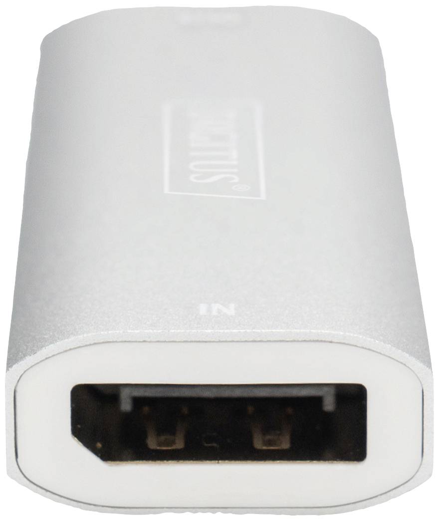 Stříbrný adaptér s HDMI konektorem, typický pro propojení audiovizuálních zařízení.
