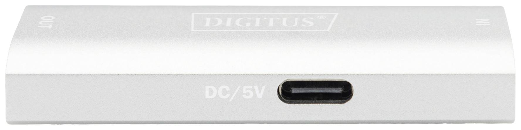 Malé, stříbrné zařízení (značka 'Digitus') s USB-C vstupem, označené 'DC/5V'.