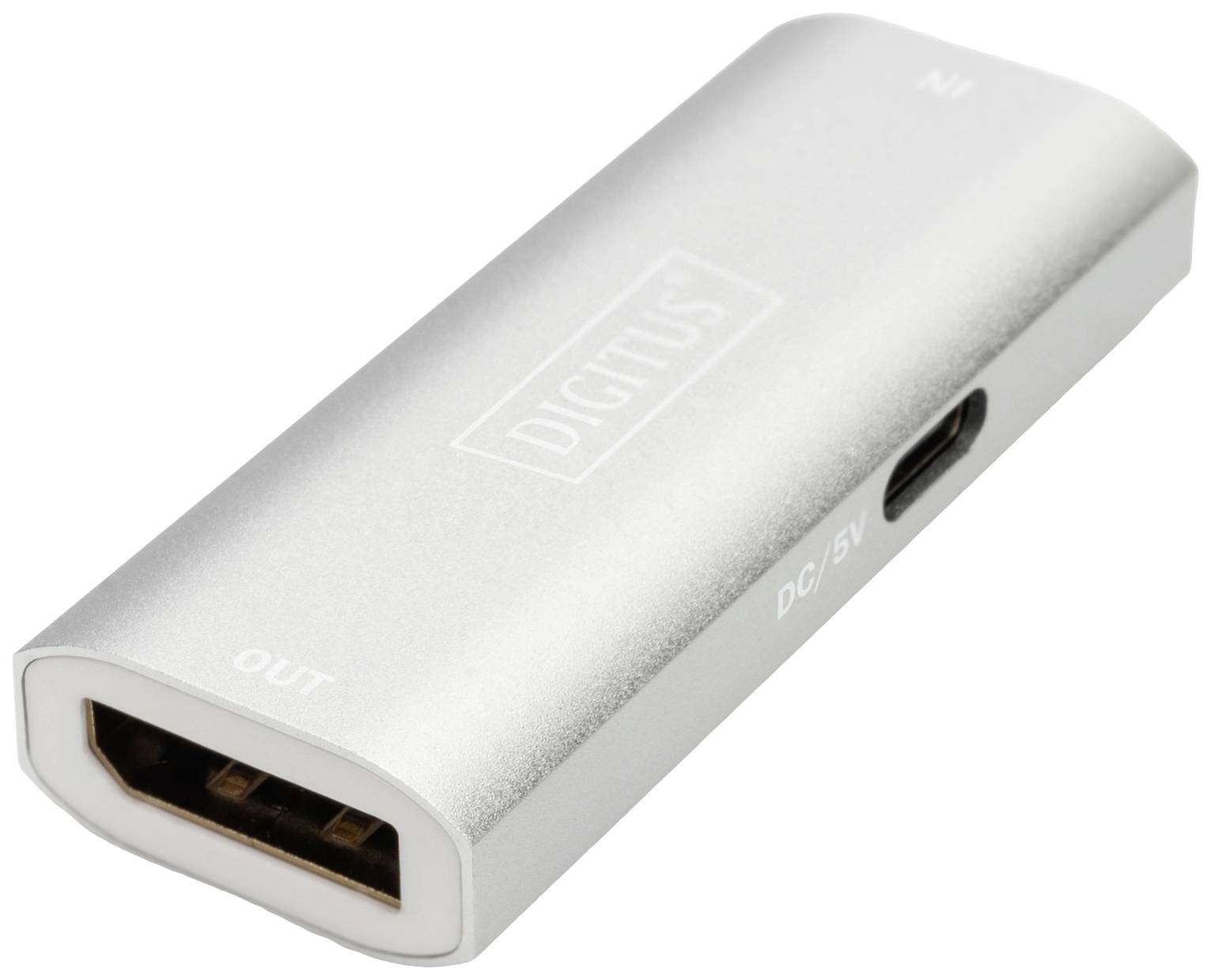 Stříbrný digitální HDMI adaptér s vstupními a výstupními konektory a DC/5V připojením na straně.