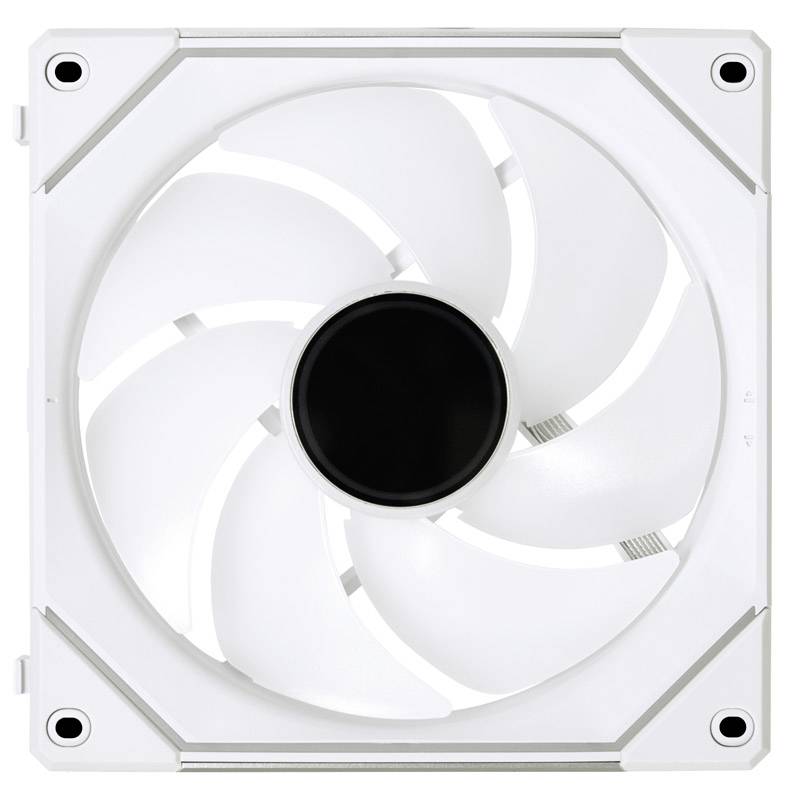Bílý čtvercový počítačový ventilátor se sedmi zahnutými lopatkami a černým středem, vhodný pro počítačové skříně.