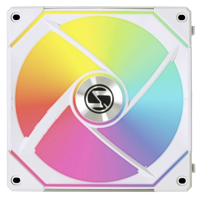 Bílý ventilátor s RGB LED diodami svítícími v duhových barvách. Centrální logo umístěné uprostřed rotorových listů.