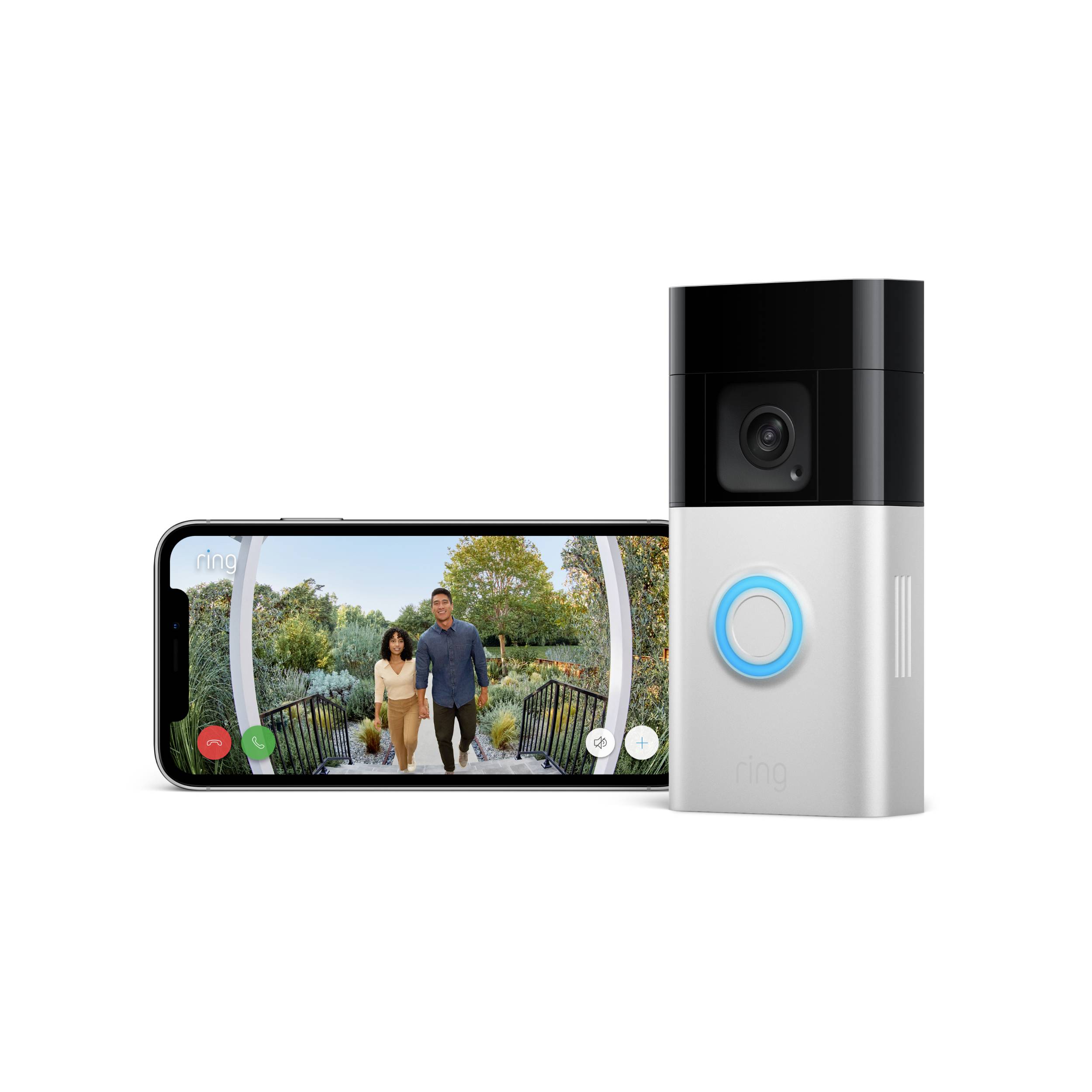 Videotelefon se smartphonem zobrazuje obraz dvou osob na verandě. Hlavní funkce: stisknutí zvonku a sledování videa.