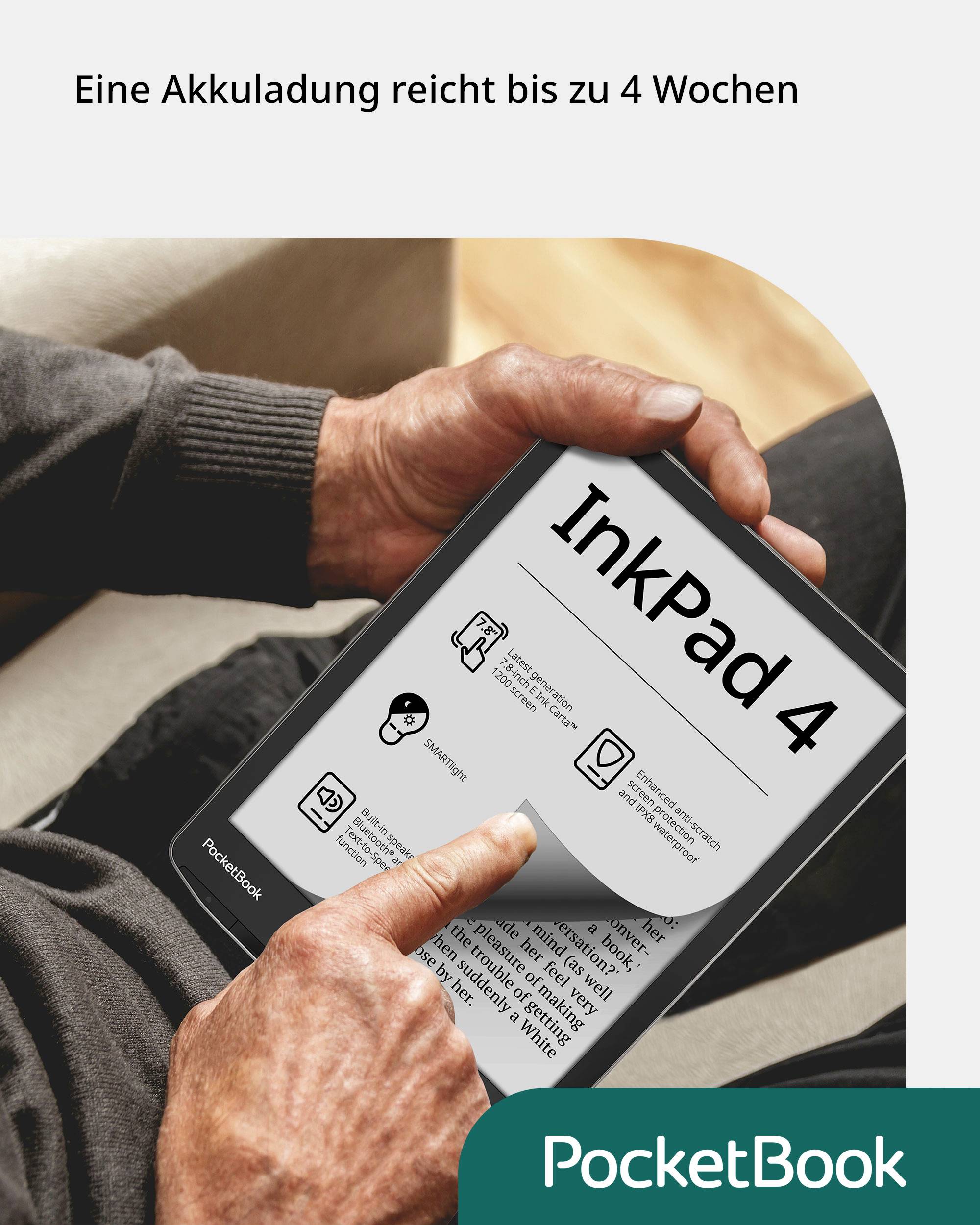 Osoba drží čtečku elektronických knih označovanou jako 'InkPad 4'. Text na zařízení uvádí: 'Jedno nabití vydrží až 4 týdny'.