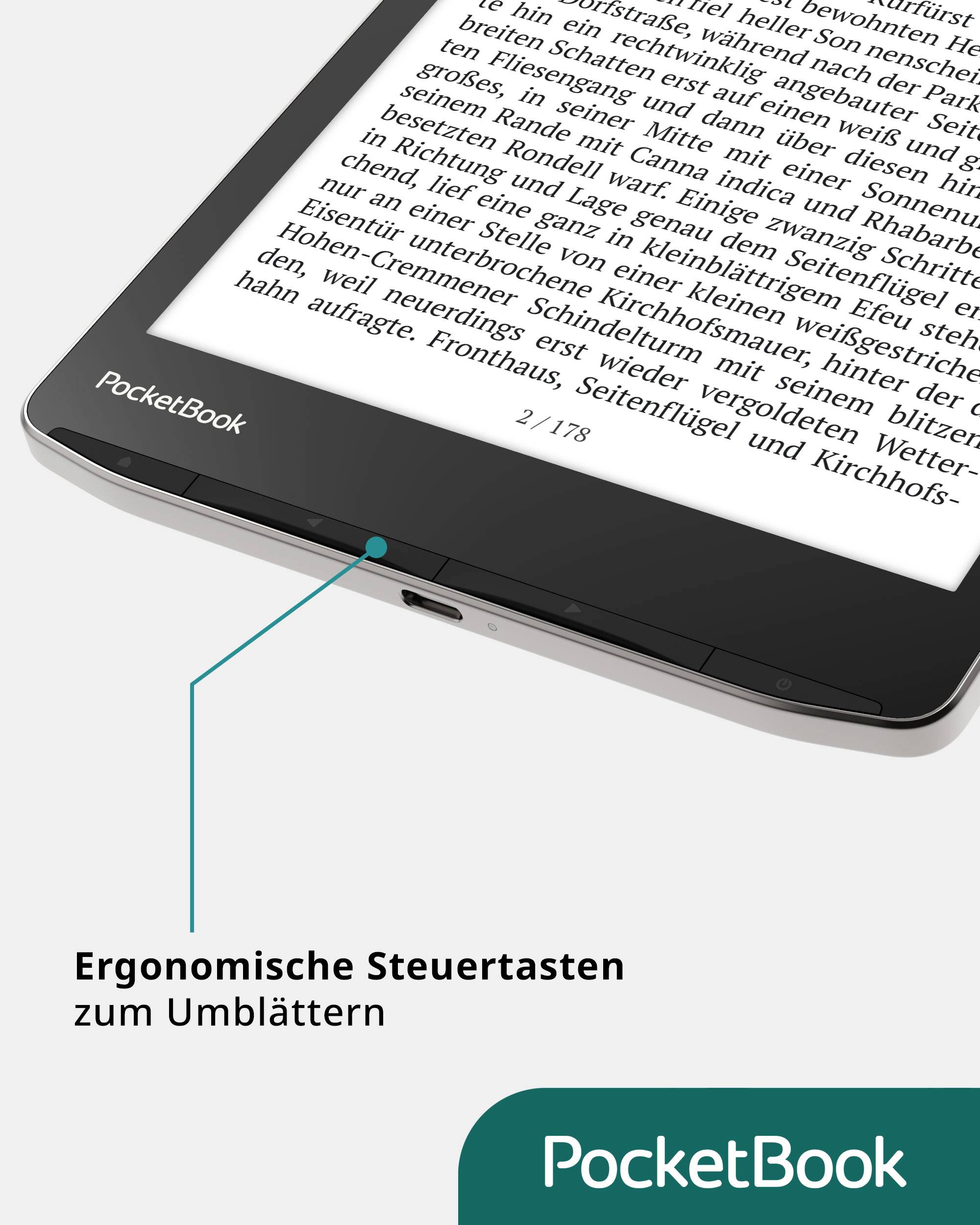 Elektronická čtečka knih s ergonomickými ovládacími tlačítky pro listování stránkami, zobrazená s výřezem textu na obrazovce.