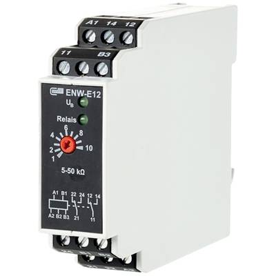 Elektrické relé 'ENW-E12' s měřítkovou indikací, různými přípojkami a kontrolkami pro průmyslové aplikace.