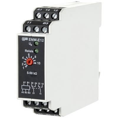 Elektronické relé ENW-E12 s několika připojovacími svorkami, rozsah 5-50 kΩ a LED indikací, bílé pouzdro.