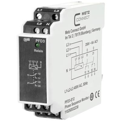Jednofázový hlídač napětí a fází od Metz Connect, model PFD3, pro monitorování sledu a výpadku fází, 400V AC, 50Hz.