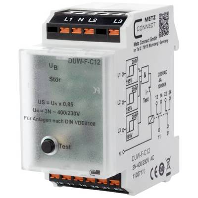 Elektrické monitorovací relé značky METZ CONNECT, model DUW-F-C12, zobrazuje technické specifikace a připojení.