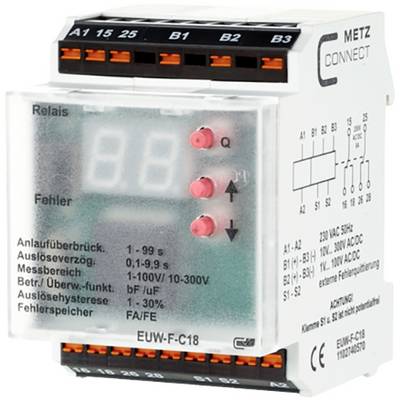 Relé s digitálním displejem a několika připojovacími svorkami, vhodné pro napětí 24-230 V AC/DC, s indikací poruchy.
