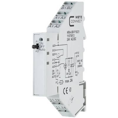 Kopplovací relé od společnosti METZ CONNECT, model KRA-SR-F1/021, zobrazuje popisy spínacích obvodů a parametry výkonu. 24V AC/DC, max. 2A.